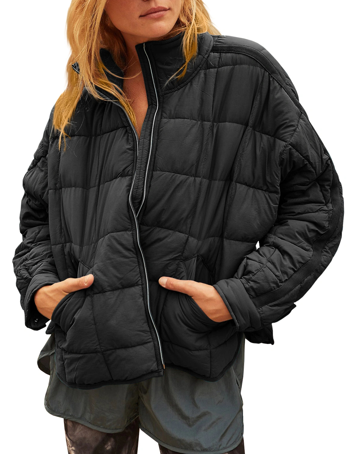 Women's Lightweight Oversized Long Sleeve Zip Water Resistant Packable Puffer Jacket Warm Short Winter Coat