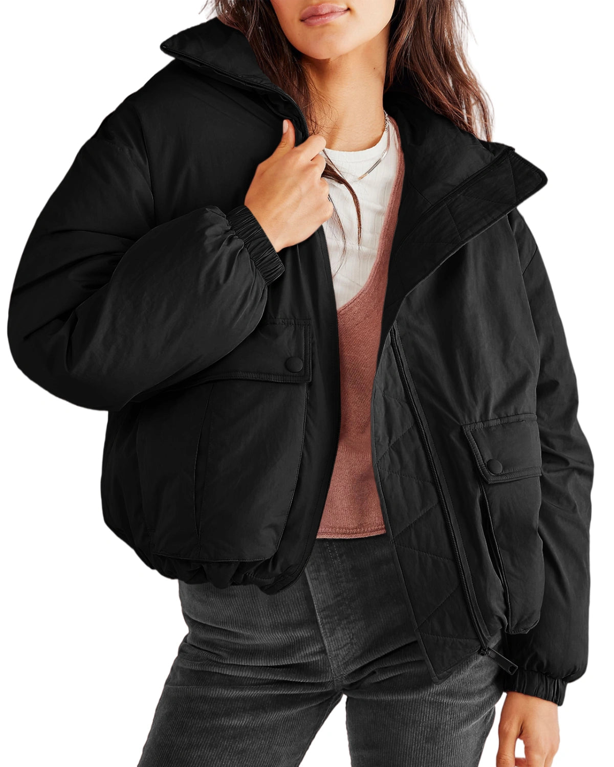 Womens Cropped Puffer Jacket Warm Long Sleeve Zip Up Baggy Short Winter Coat Outerwear