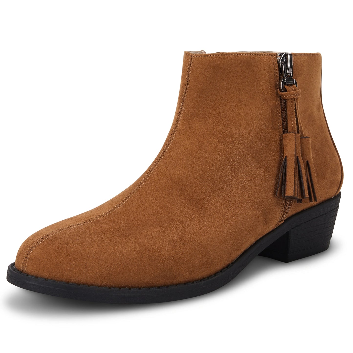 Coutgo Ankle Boots for Women Low Heel Round Toe Fuax Suede Dress Boots for Women with Zipper