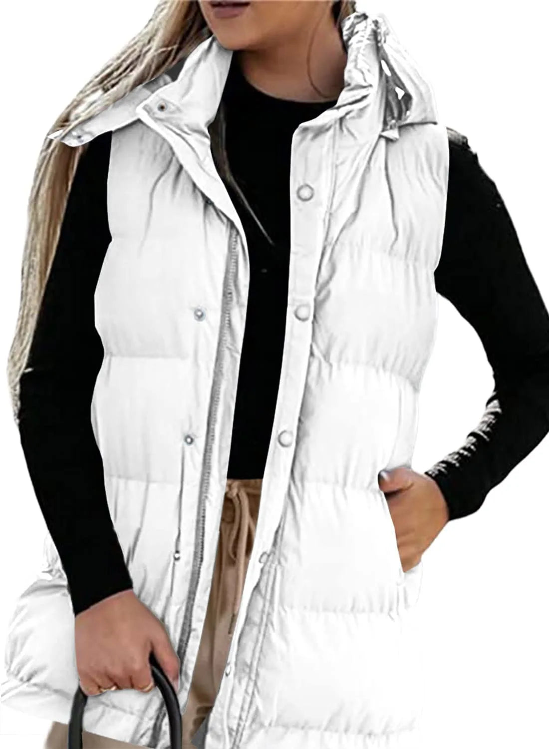 Women's long Quilted Vest hooded Sleeveless Button Down puff vest cotton padded jacket winter coat