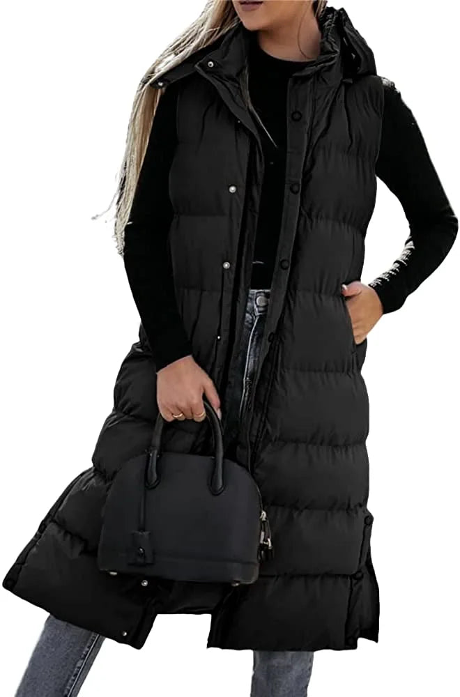 Women's long Quilted Vest hooded Sleeveless Button Down puff vest cotton padded jacket winter coat