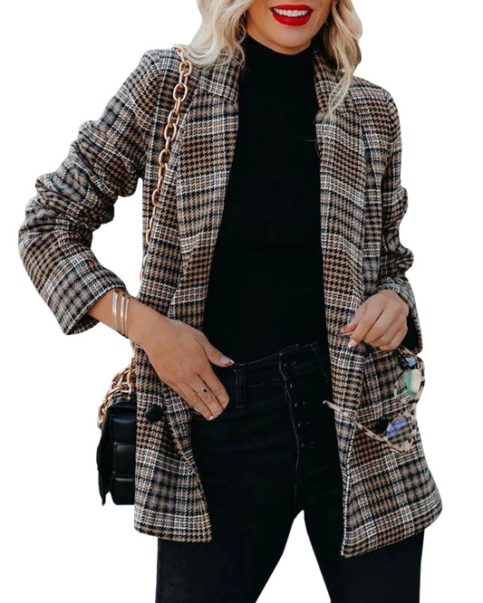 Taodou Women's Casual Blazers Woolen Plaid Blazer Lapel Long Sleeve Button Pocket Jackets Coat