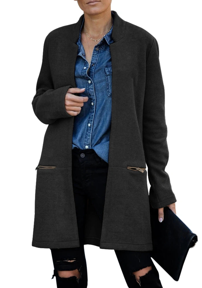 Fazortev Womens Wool Blend Notched Stand Collar Long Coat Jacket Casual Warm Open Front Cardigan Trench Overcoat