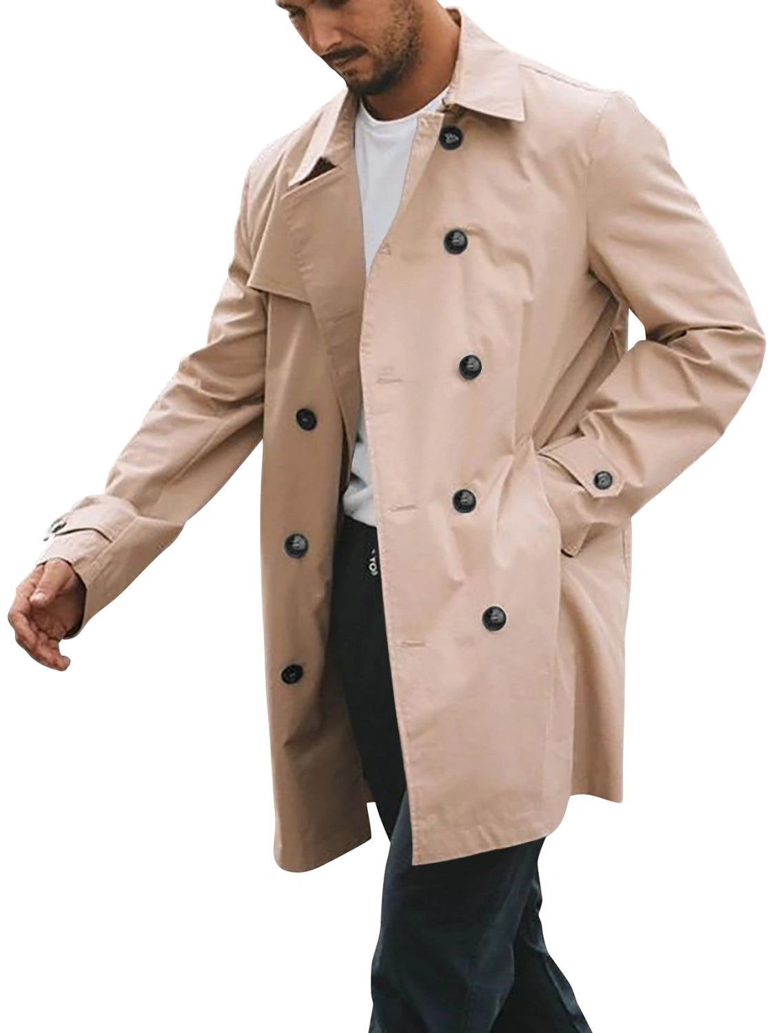 Xenuay Mens Double Breasted Trench Coat Casual Oversized Lapel Lightweight Windproof Long Jacket Pea Coat Overcoat