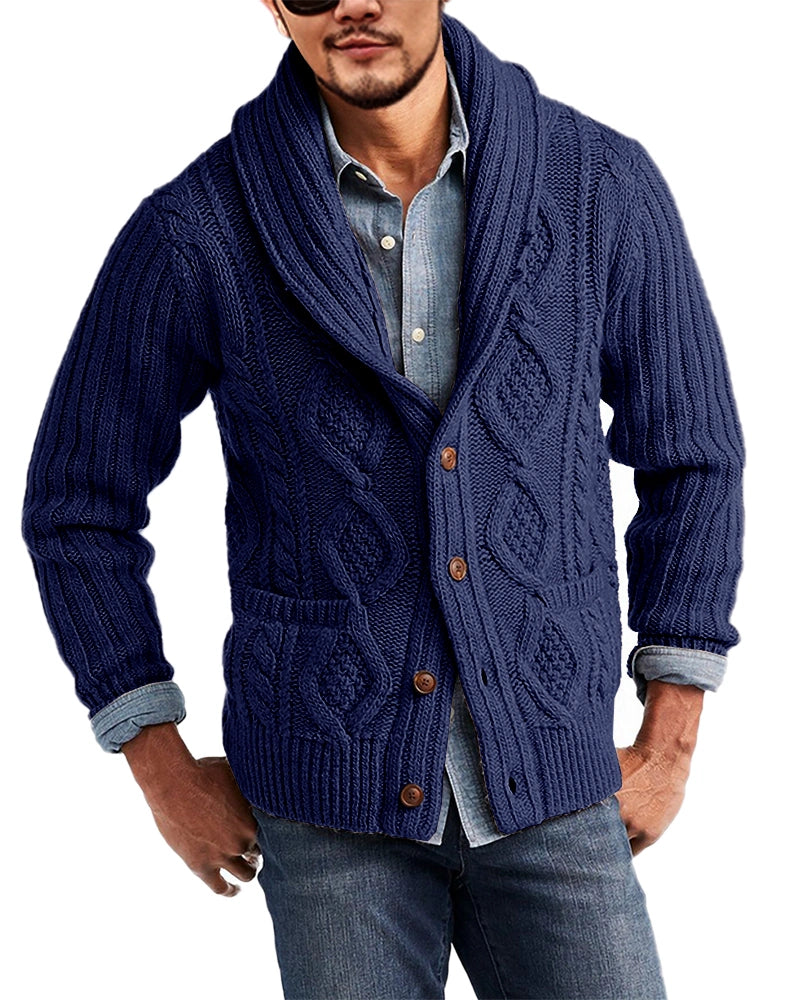 Karlywindow Mens Casual Shawl Collar Cardigan Button Down Cable Knitted Sweaters with Pocket