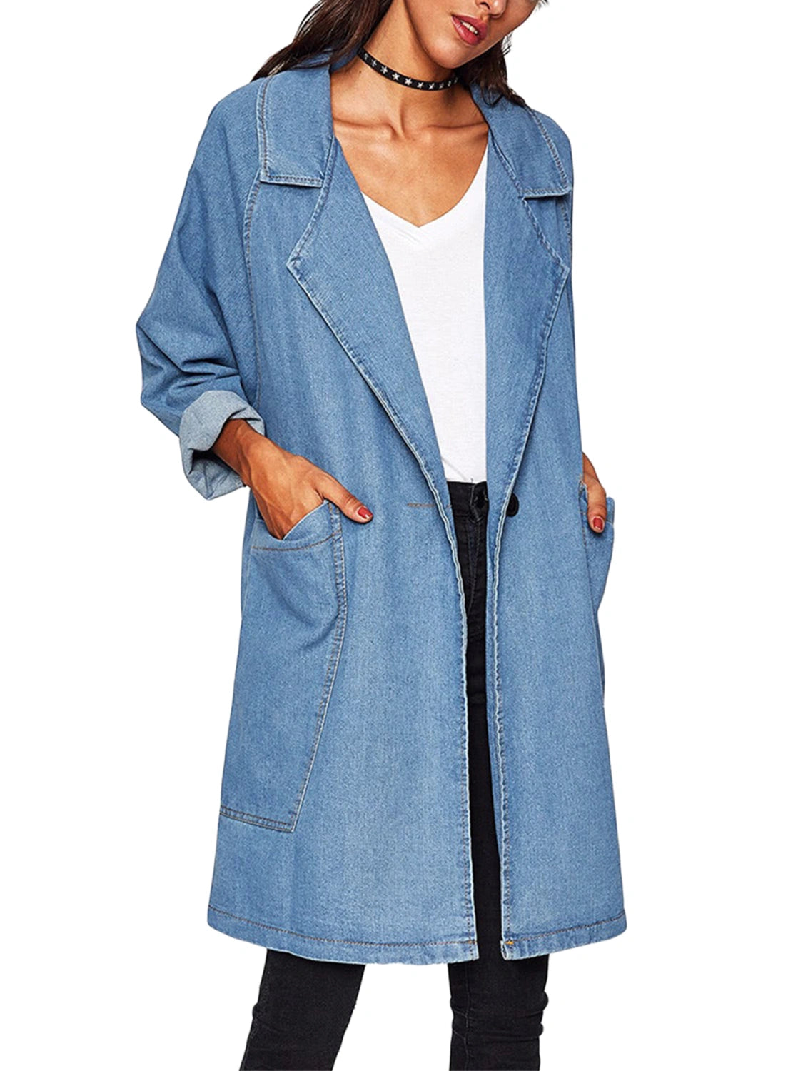 PASLTER Women's Long Denim Jacket One Button Front Notched Lapel Slim Windproof Trench Coat Jean Outwear