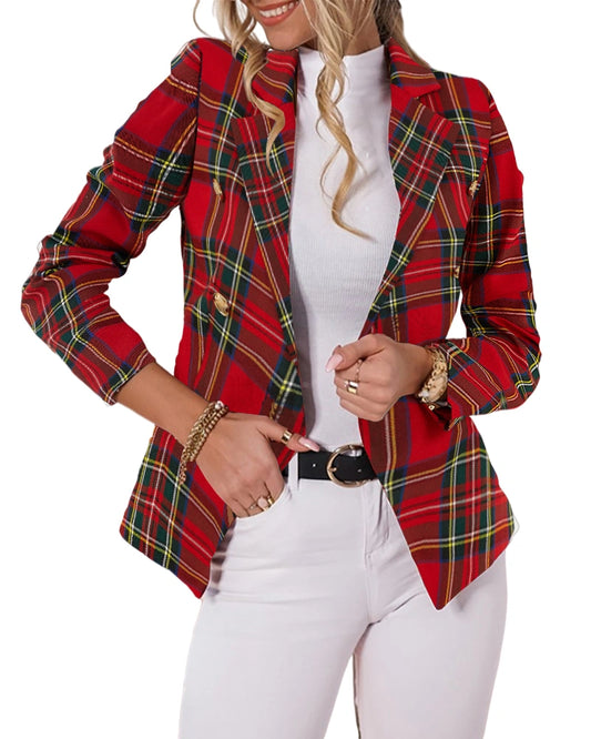 Taodou Womens Casual Plaid Blazer Long Sleeve Double Breasted Jacket Lapel Collar Coat Suit