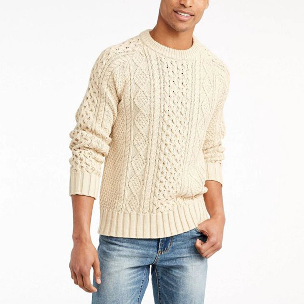 Men's Long Sleeve Cable Knit Pullover Sweater Fisherman Twist Patterned Crewneck Sweater