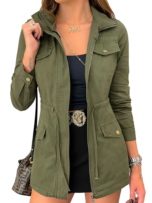 Ybenlow Womens Military Jacket Zip Up Lightweight Safari Utility Drawstring Casual Anorak Jackets with Pockets