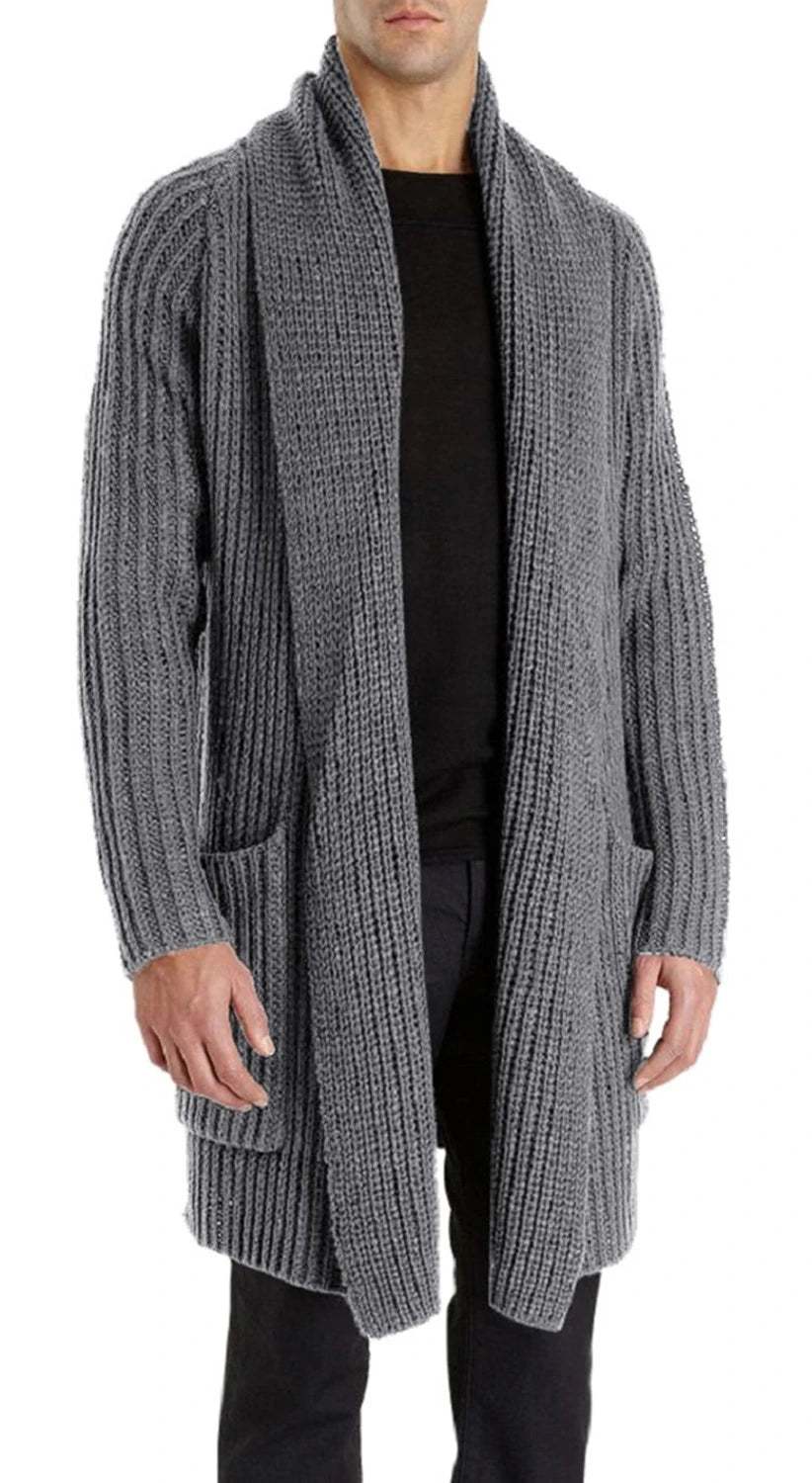 Mens Cardigan Long Shawl Collar Sweater Chunky Knit Autumn Winter Open Front Jacket Knitwear with Pockets