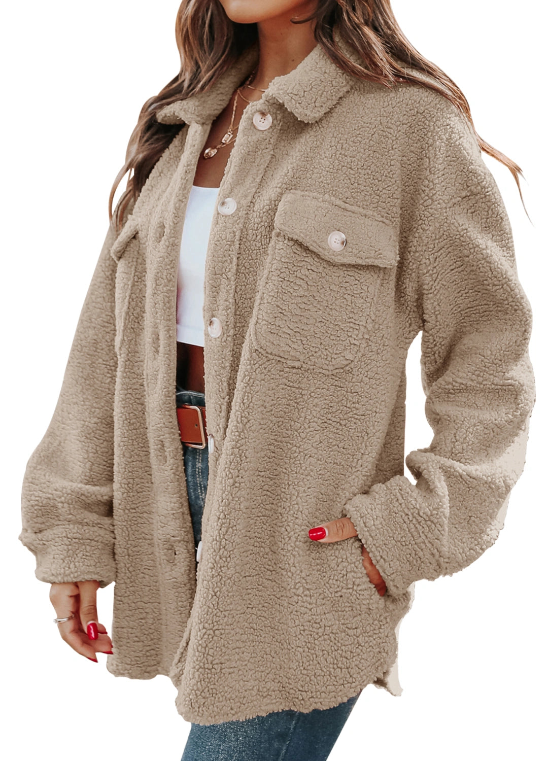 Women's Button Down Sherpa Fleece Shacket Long Sleeve Fuzzy Teddy Coat Jacket