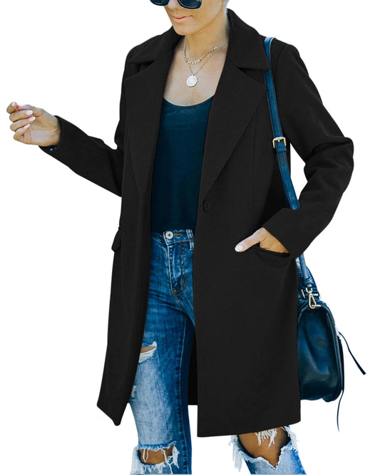 Fazortev Womens Casual Long Sleeve Wool Blend Pea Coat Lapel Notched Collar Warm Midi Jacket Overcoat