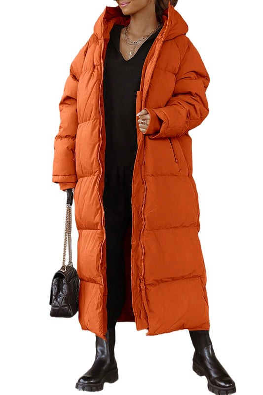 Women Long Quilted Coat Hooded Maxi Length Long Sleeve Puffer Jacket Padded Coat Winter Outerwear