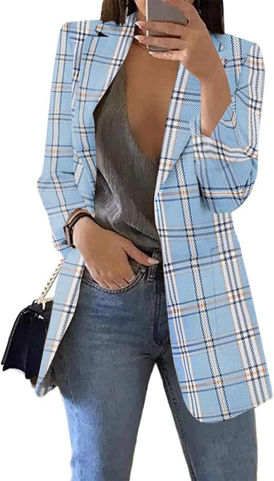 Grlasen Womens Casual Blazer Plaid Slim Fit Lapel Work Office Outerwear Jacket Suit