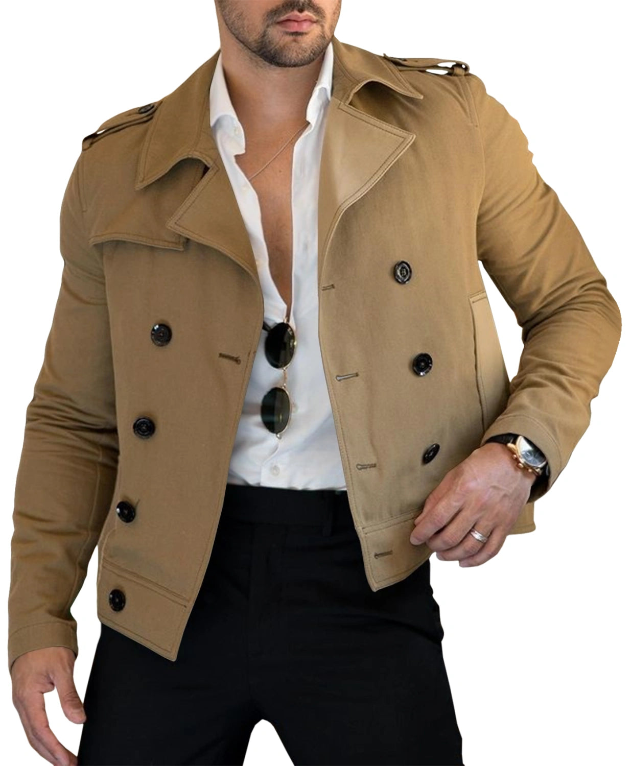 Mens Double Breasted Jacket Slim Fit Cotton Lightweight Lapel Collar Short Trench Coat