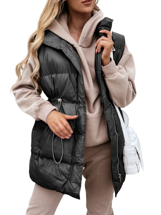 Uifely Women Long Puffer Vest Outerwear Lightweight Zip Up Padded Gilet with Pockets Sleeveless Drawstring Jacket