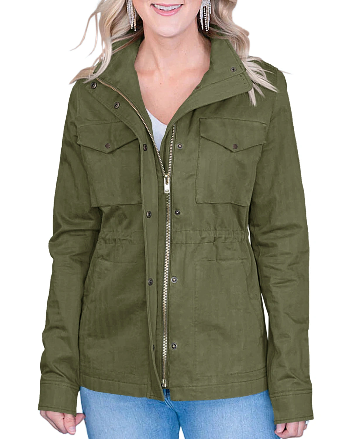 Chang Yun Jackets For Women Military Safari Utility Anorak Zip Up Snap Buttons Lightweight Drawstring Coat with Pockets