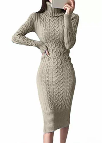 Fangetey Womens Long Sleeve Turtleneck Sweater Dresses Knitted Bodycon Midi Sheath Jumper Dresses