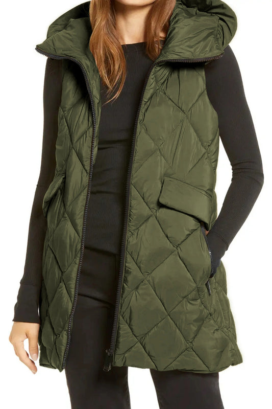 Tankaneo Womens Hooded Quilted Vest Mid Length Sleeveless Puffer Jacket Zip-up Padded Coat Warm Winter Outerwear