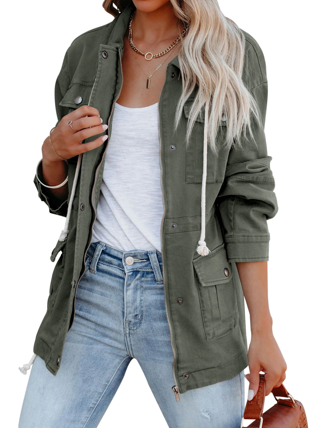 Women's Military Anorak Jacket Zip Up Snap Buttons Lightweight Safari Utility Coat Outwear With Pockets