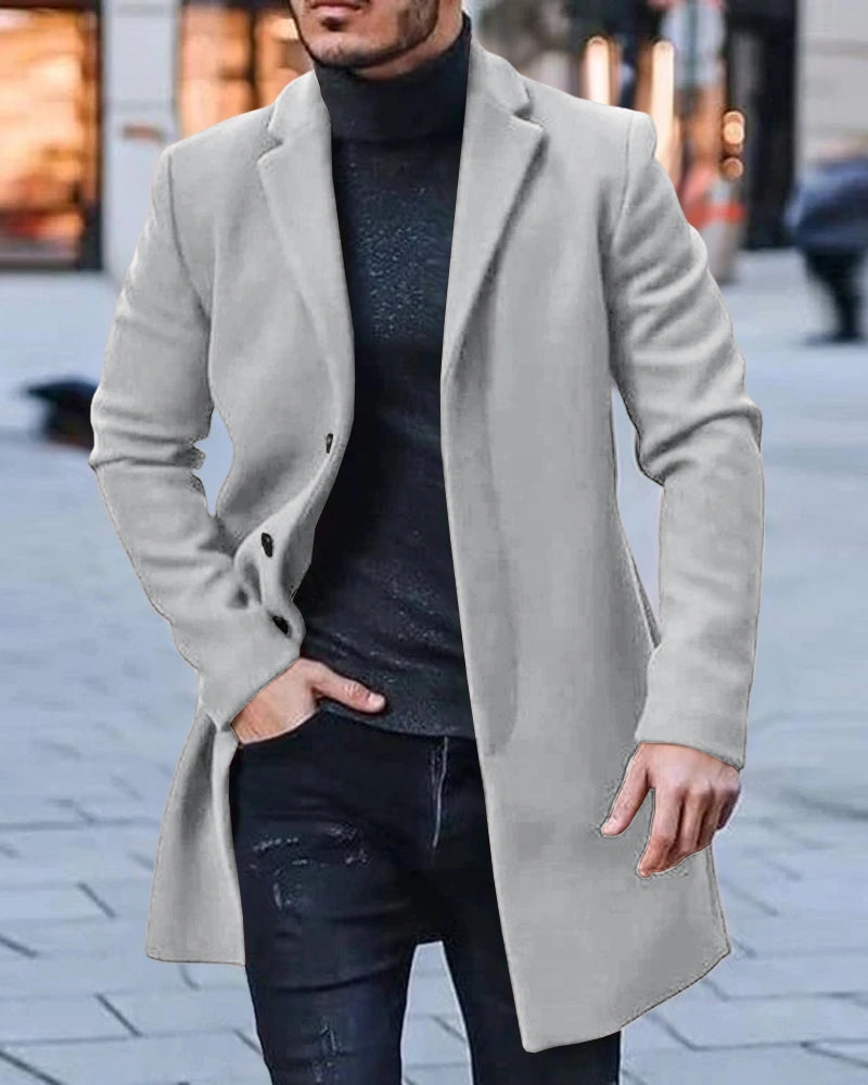 PASLTER Mens Trench Coat Slim Fit Notched Collar Fall Winter Single Breasted Pea Coat Warm Soft Overcoat