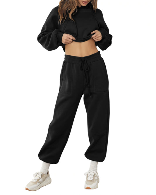 Women Sweatsuits Sets 2 Piece Outfits Cropped Hoodie Sweatshirt and Sweatpants Long Joggers with Pockets