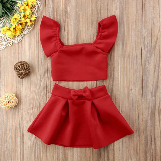 Baby Girls 2Pcs Outfits, Off Shoulder Crop Tops + Bowknot Skirt Suits