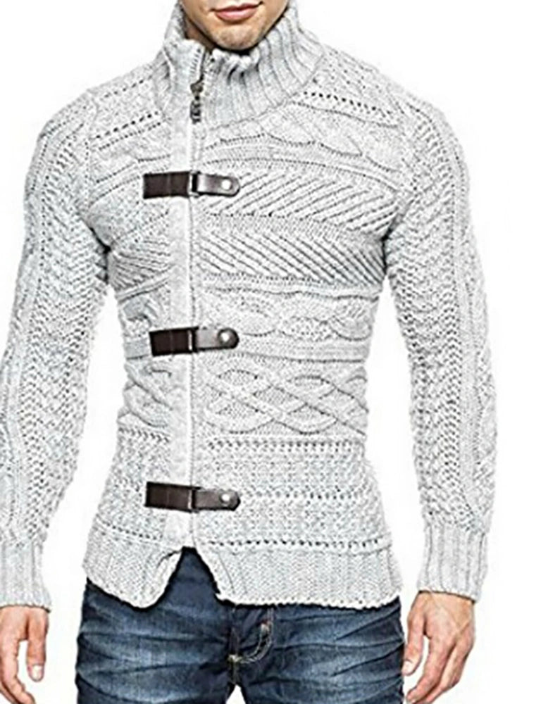 Karlywindow Men's Cable Knitted Oplique Zip Button Front Long Sleeve Cardigan Sweater