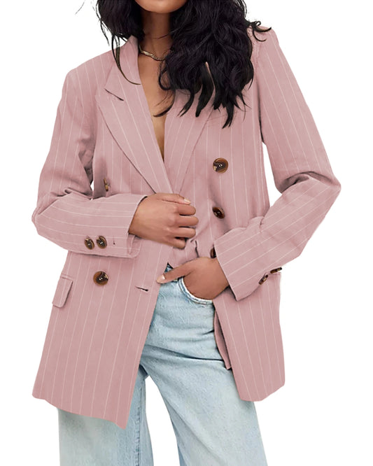 Eurivicy Women's Casual Lapel Blazers Long Sleeve Double Breasted Work Office Vintage Striped Blazer Jackets