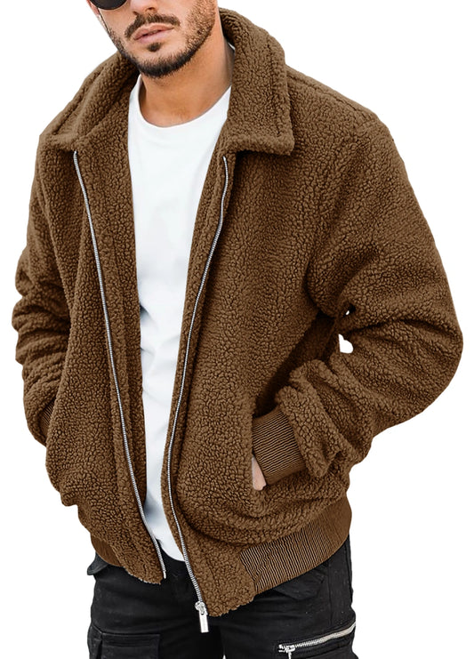 Mens Fuzzy Sherpa Jacket Fluffy Fleece Long Sleeve Full Zip Open Front Cardigan Fall Winter Outwear with Pockets