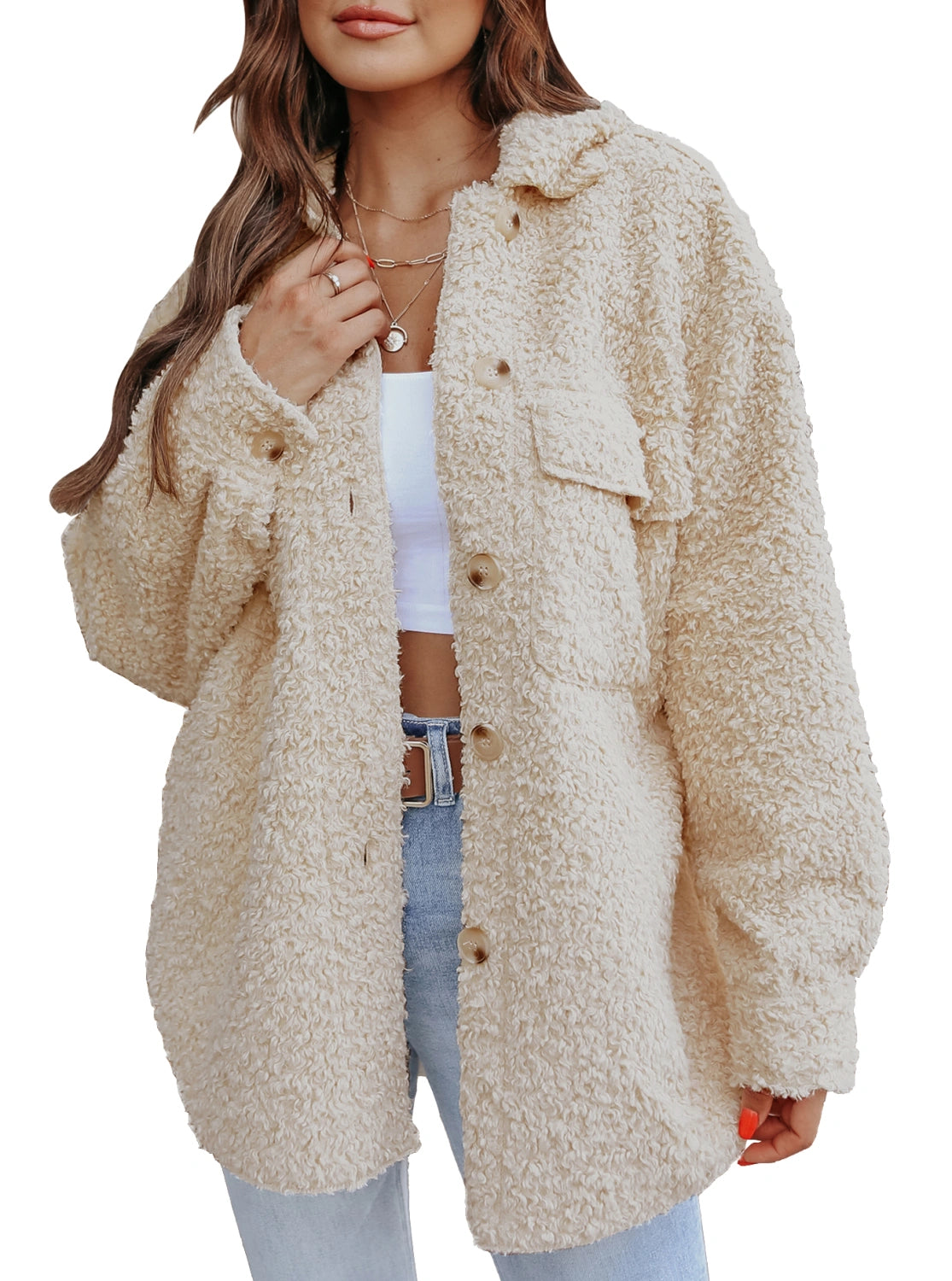 Ebifin Women's Teddy Sherpa Shacket Button Down Fuzzy Winter Warm Fleece Coat Jackets