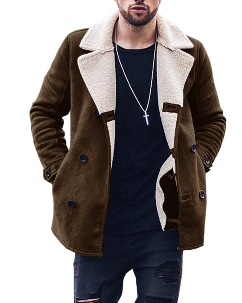 Mens Sherpa Jacket Fleece Lined Jacket Double Breasted Winter Coat Shearling Collar Slim Fit Outerwear