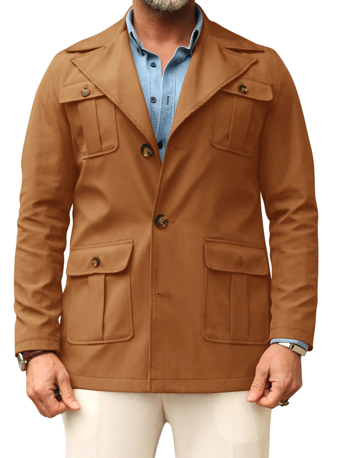 Mens Safari Jacket Casual Notched Lapel Cotton Blends Lightweight Multi-Pocket Coat