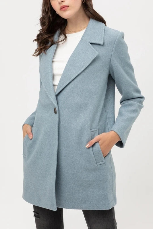 Pengfei Women's Elegant Notched Collar Button Slim Long Outerwear Blend Pea Coat Jacket